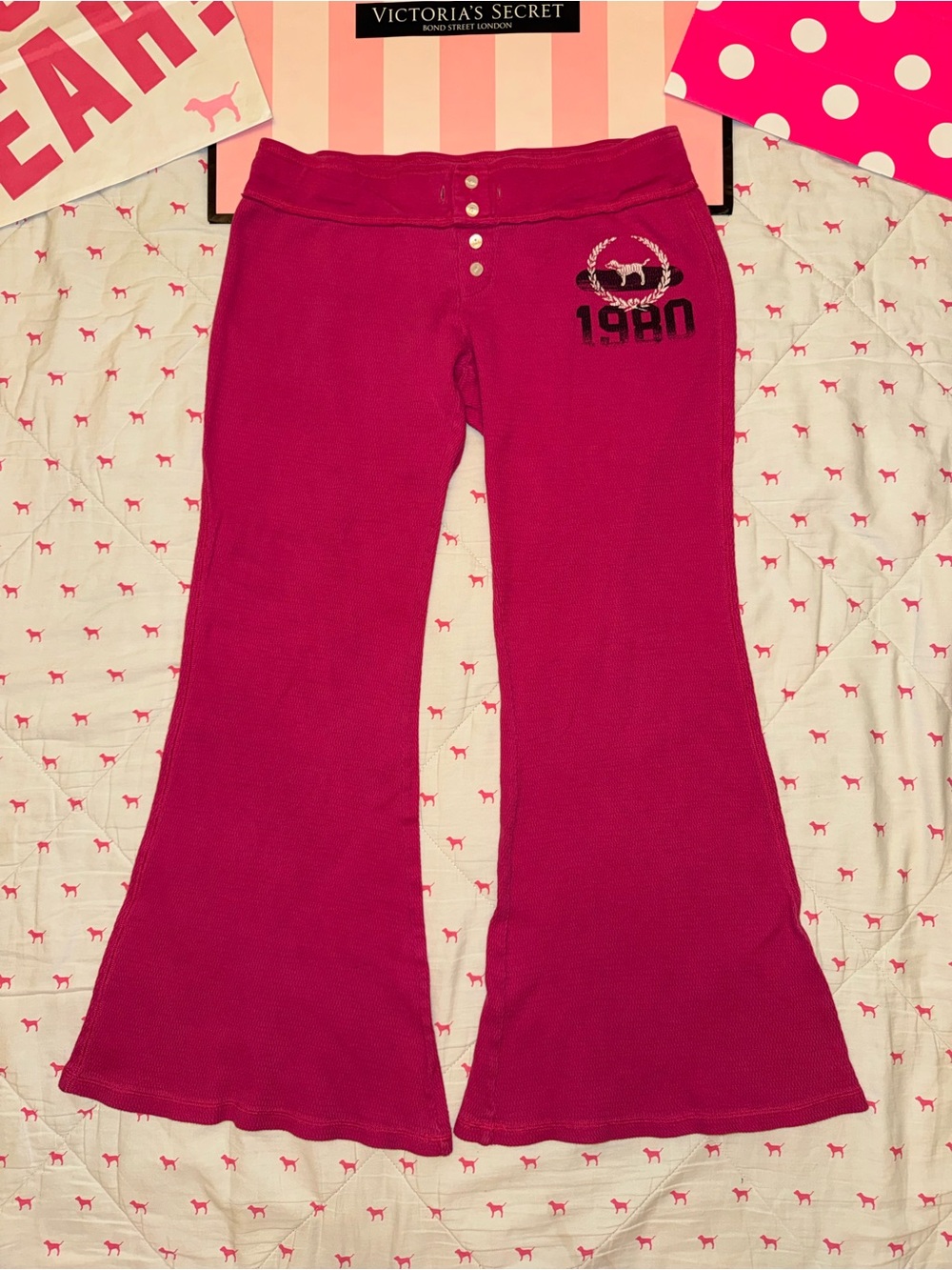 VS PINK VINTAGE Y2K WAFFLE KNIT THERMAL FLARE SWEATPANTS 1980 DOG PUP LOGO RARE